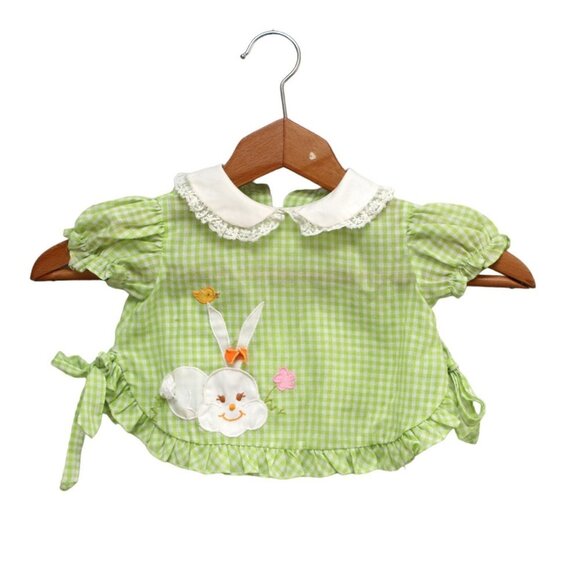 Vintage Baby Girl Green Dress Gingham Checkered Outfit Lightweight Bunny Frills - Picture 1 of 10